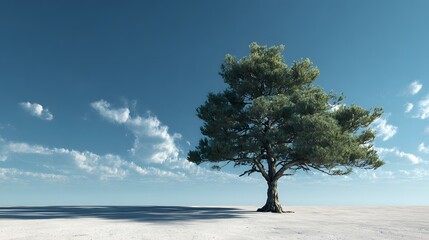 Lonely pine tree standing tall in a vast empty landscape under bright blue sky, symbolizing resilience, solitude, and strength, perfect for backgrounds, inspiration, and environmental concepts.