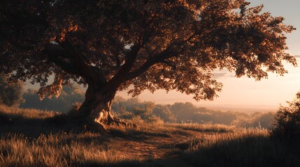 A large tree stands in a field with a cloudy sky in the background. The tree is bare and has no leaves, giving the scene a desolate and lonely feeling