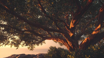 Majestic tree branches glowing warmly in golden sunset light by the sea, creating a peaceful and inspiring natural scene ideal for relaxation, meditation, and environmental concepts.