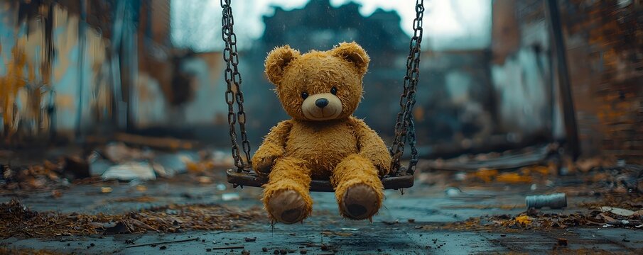 A worn teddy bear clings to a broken swing in an abandoned playground