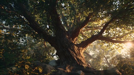 Majestic tree branches glowing warmly in golden sunset light by the sea, creating a peaceful and inspiring natural scene ideal for relaxation, meditation, and environmental concepts.