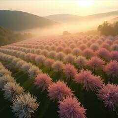 Aerial image of orchard in full spring bloom, rows of apple and peach trees forming soft pastel gradients, mist rising with warm sunlight.