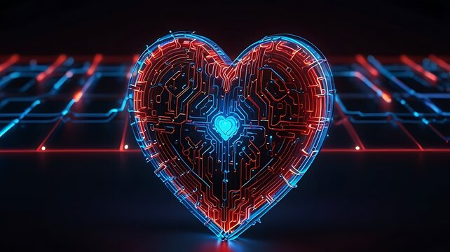 High tech futuristic heart shape composed of digital patterns