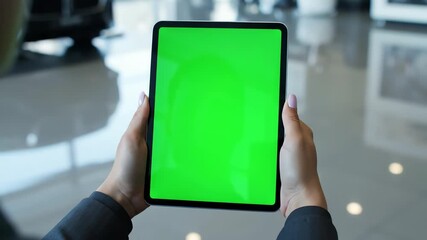 Over-the-Shoulder View of a Businesswoman Holding a Vertical Tablet with a Green Screen in a Modern Corporate Setting - Powered by Adobe