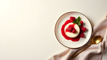 Elegant plated dessert featuring creamy panna cotta with vibrant raspberry sauce flat lay photo