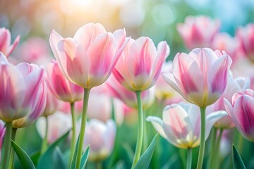 Fototapeta premium Dreamy Pink Tulips in a Spring Garden Bathed in Golden Sunlight