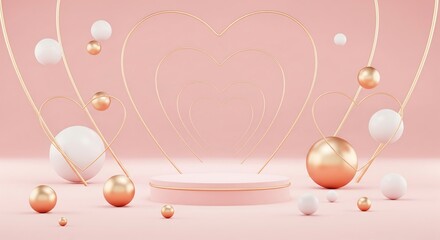 Elegant valentines day display featuring floating spheres golden hearts and a product podium for romantic advertising