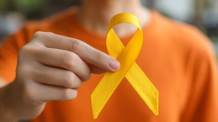 Person holding yellow awareness ribbon symbolizing suicide prevention, childhood cancer awareness, mental health support, endometriosis advocacy, hope, strength, compassion, and global awareness cause