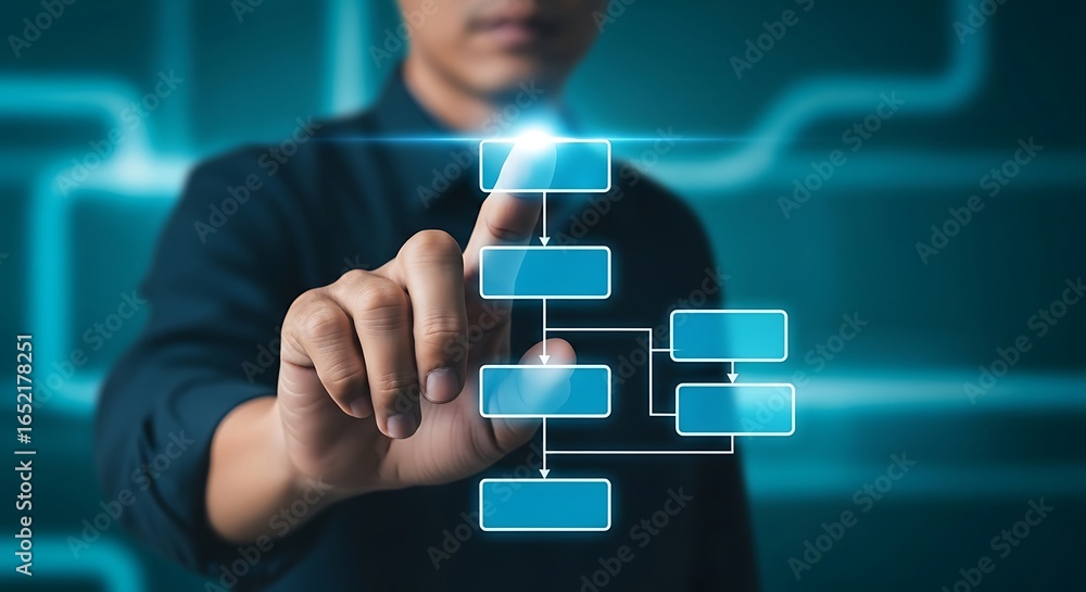 Poster businessman interacting with a futuristic digital interface, touching a flowchart to represent proce