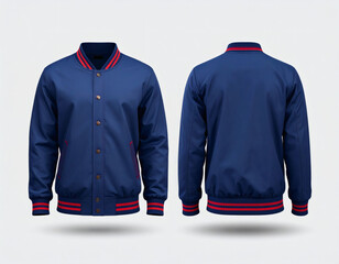 Navy blue varsity jacket with red stripes, front and back view.