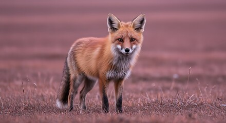 Fototapeta premium A Red Fox Stands Alert in a Field of Dry Grass Under a Soft Pink Sky