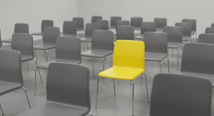 A single bright yellow chair stands out amongst rows of grey chairs in an empty room.