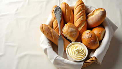 Elegant top-down view of a fine dining bread basket overflowing with various breads and butter