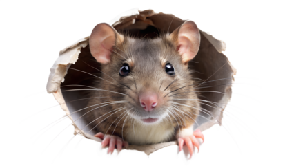 Curious Brown Rat Peeking Through Hole on Transparent Background on white background