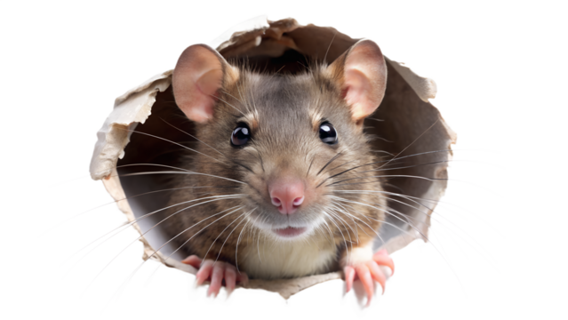 Curious Brown Rat Peeking Through Hole on Transparent Background on white background