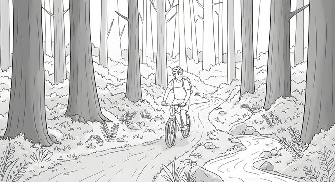 A solitary journey through the woods, a detailed line art illustration of a mountain biker on a winding forest trail