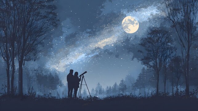 Silhouettes of two people observing the night sky with a telescope in a forest. - Powered by Adobe