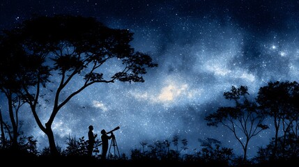 Silhouettes of people observing the night sky with a telescope.