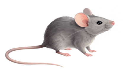 Gray Mouse Illustration Side View with Pink Ears on transparent background on white background