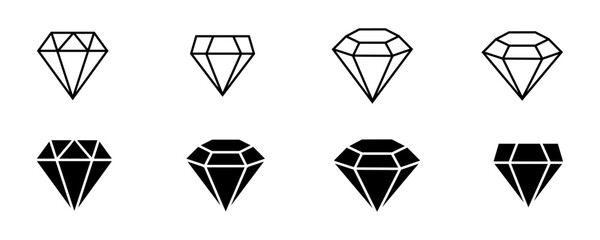 Collection of diamond icons in outline and solid styles featuring gemstone shapes, jewelry symbols, luxury crystal elements, precious stone vector illustrations for design, fashion and decoration