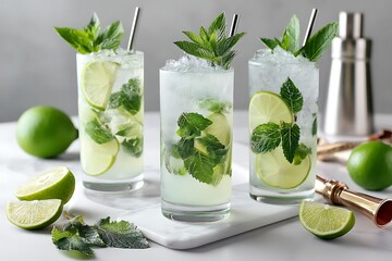 Fototapeta premium Refreshing mojito cocktails with lime and mint leaves, placed on a white surface, surrounded by mint and halved limes, with bar tools in the background.
