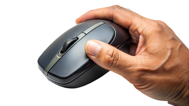 Hand Holding a Wireless Computer Mouse for Navigation on transparent background on white background