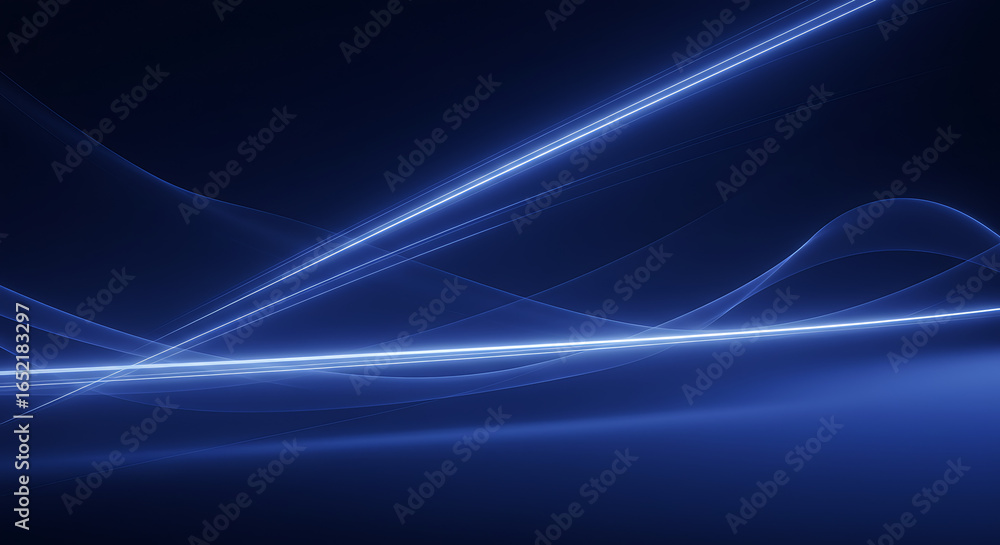 Poster a modern technological background featuring intersecting blue and white light trails on a dark backd