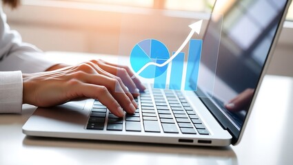 Boosting Business Success Hands on Laptop with Growing Charts for Financial Growth