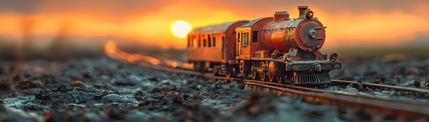 Naklejka premium Vintage toy train on tracks at sunset