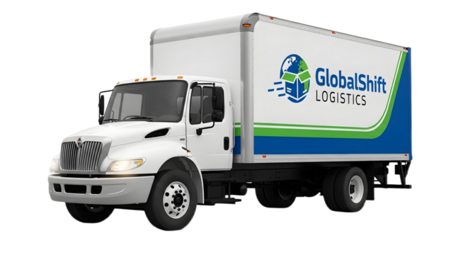 A white globalshift logistics box truck isolated on a white background