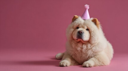 A fluffy chow sits adorably against a pink backdrop, proudly sporting a festive birthday hat. The scene radiates a cheerful atmosphere, perfect for a celebration