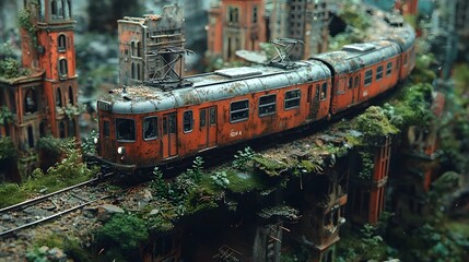 Toy train running in a loop through a city in ruins