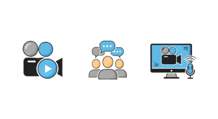 Icons depicting video camera, communication, and online presentation
