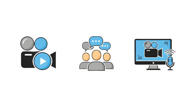 Icons depicting video camera, communication, and online presentation