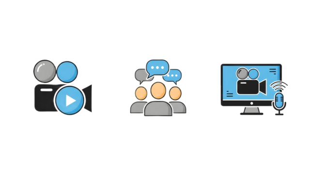 Icons depicting video camera, communication, and online presentation