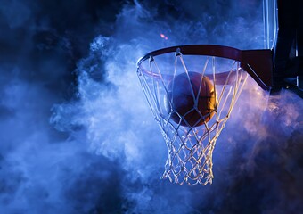 Basketball going through hoop with smoke and blue lighting effects