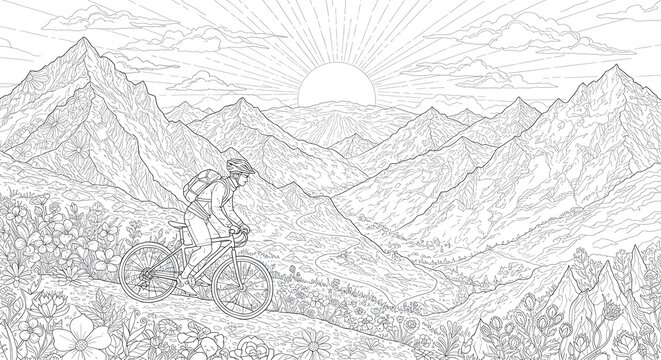 Detailed line art illustration of a mountain biker's journey through a floral landscape at sunrise, a serene adventure awaits