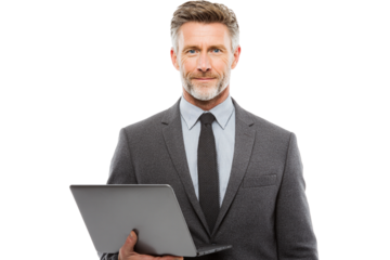 Middle-aged man in a business suit holding a laptop, professional pose on white background.