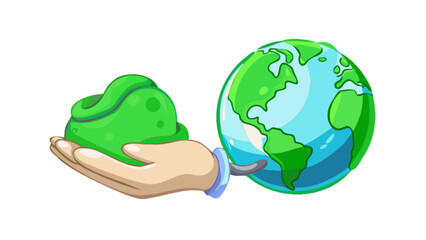 Earth day illustration of hand holding green slime and globe for environmental awareness and sustainability