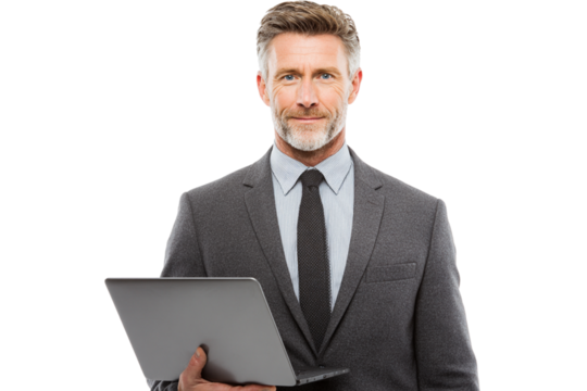 Middle-aged man in a business suit holding a laptop, professional pose on white background.