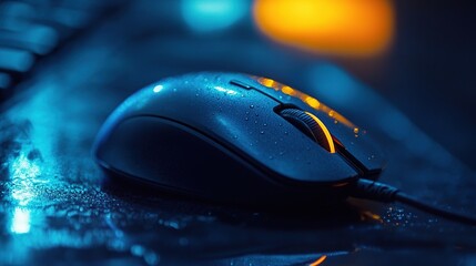 A blue computer mouse rests on a keyboard, reflecting the glow of the screen and creating a wet, glossy effect.