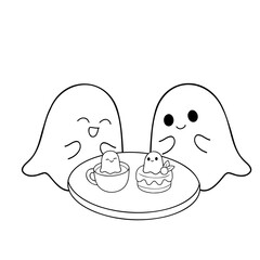 Cute ghosts enjoy desserts together, creating playful scene