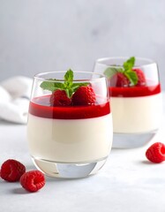 Elegant Panna Cotta Dessert with Raspberry Coulis and Fresh Mint Garnish
