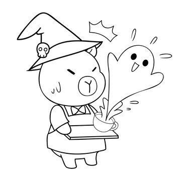 Cute capybara in witch hat is surprised by ghost emerging from cup