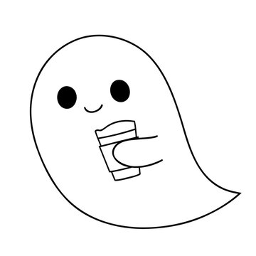 Cute ghost holding drink, simple line art style