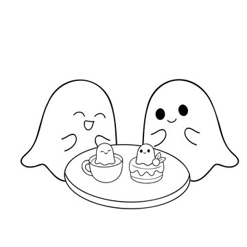 Cute ghosts enjoy desserts together, creating playful scene