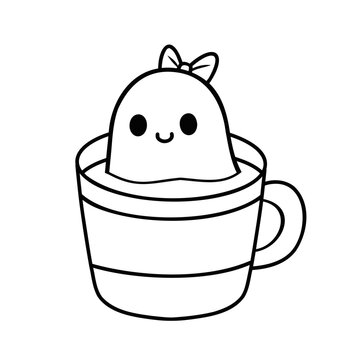 Cute ghost with bow in cup, simple line art style