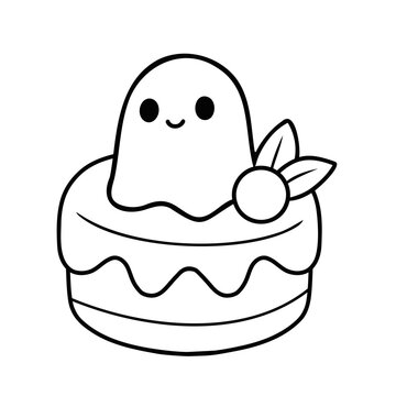 Cute ghost on cake with fruit decoration, simple line art
