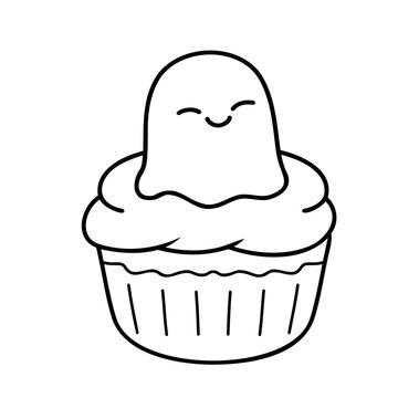Cute ghost on cupcake with happy expression
