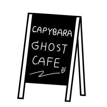 Frame sign with Capybara Ghost Cafe text, playful design